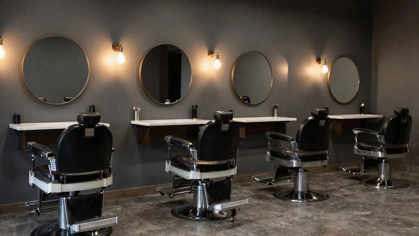 Rangée de fauteuils de barbier en cuir noir face aux miroirs ronds