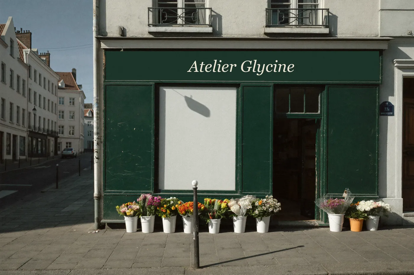 La façade vert sapin de l'Atelier Glycine, des seaux de fleurs sur le trottoir