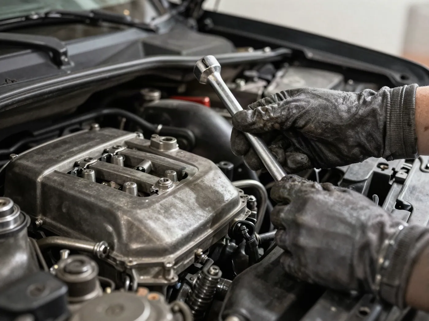 Main gantée qui serre une pièce dans un compartiment moteur