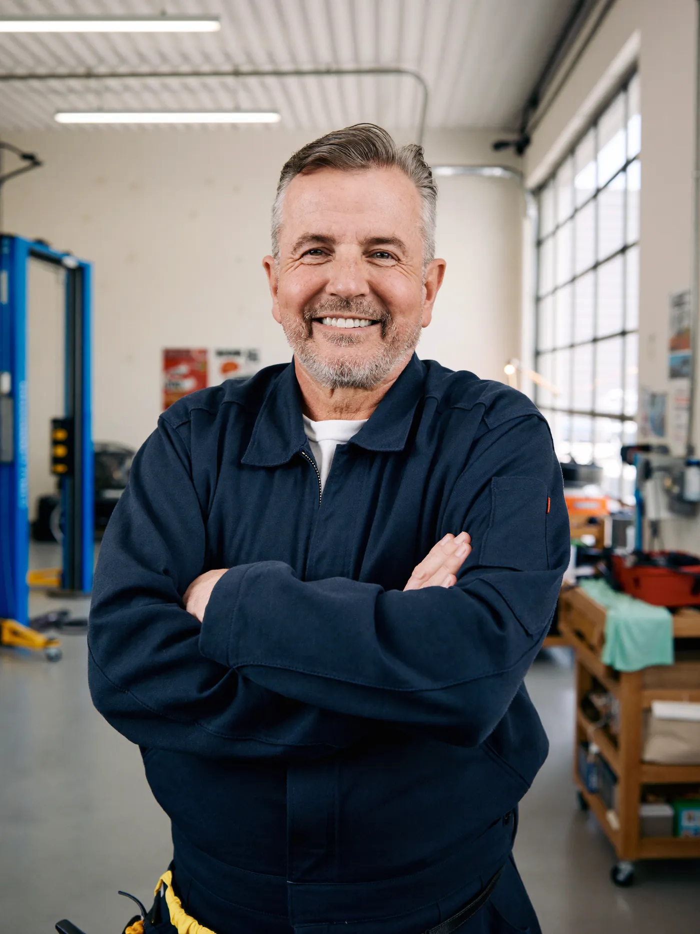 Marc, le garagiste, bras croisés dans l'atelier