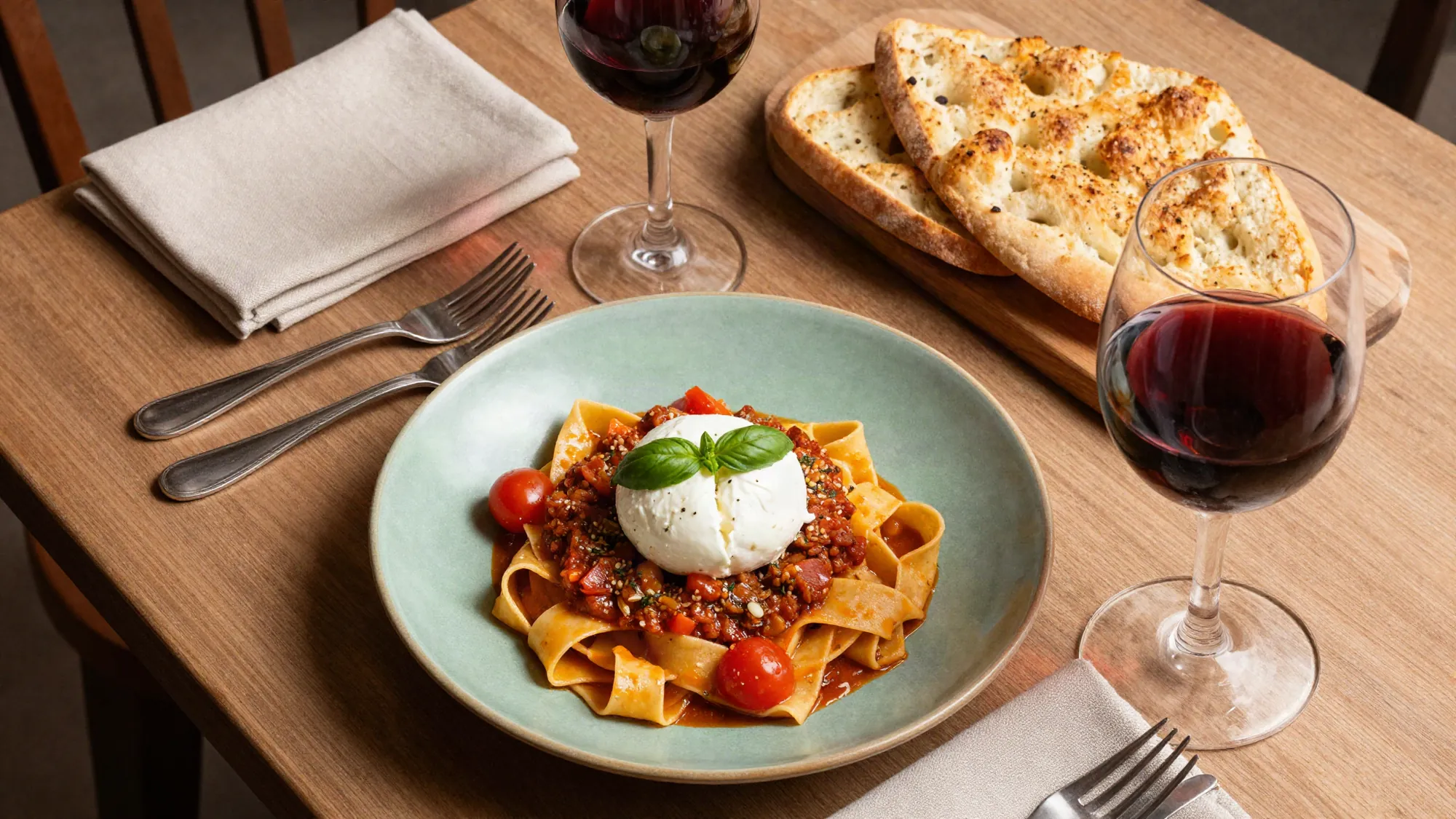 Table de trattoria vue du dessus : tagliatelles au ragù, burrata, focaccia et verres de vin rouge