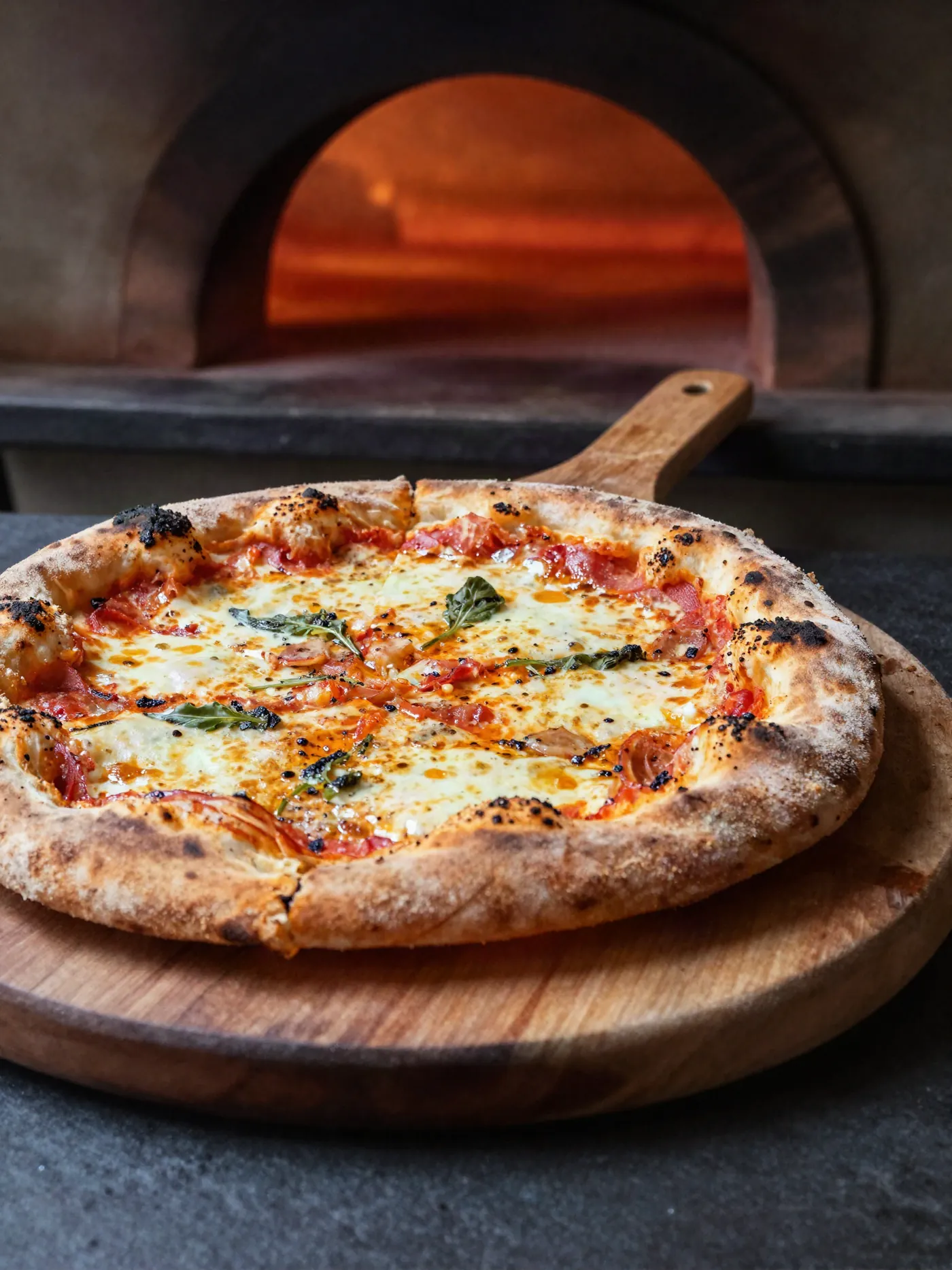 Pizza margherita à la pâte léopardée devant le four à bois