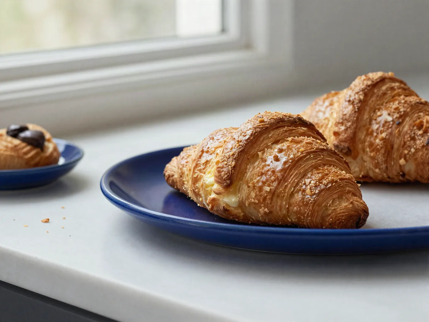 Croissants dorés et feuilletés sur une assiette bleue