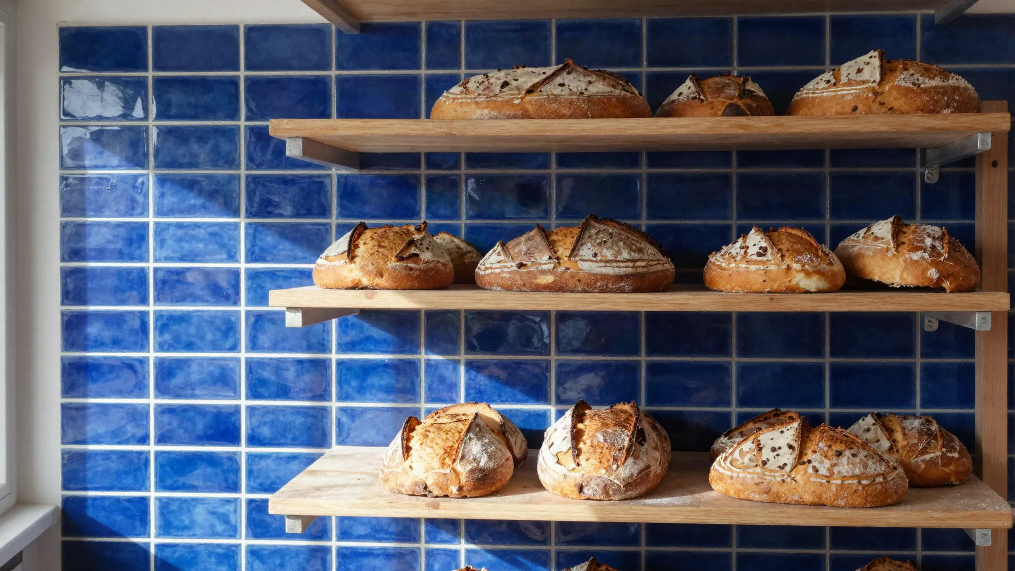 Pains au levain alignés sur des étagères en bois devant un mur de carreaux bleus
