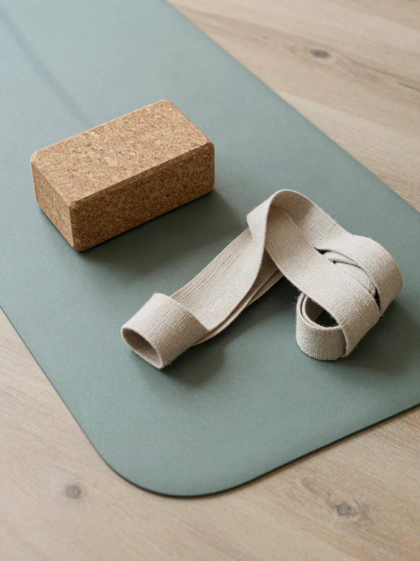 Tapis de yoga vert sauge, brique en liège et sangle en lin