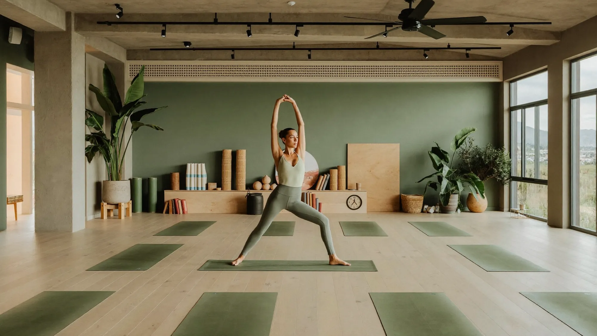 Studio de yoga lumineux au parquet clair, une femme en posture du guerrier