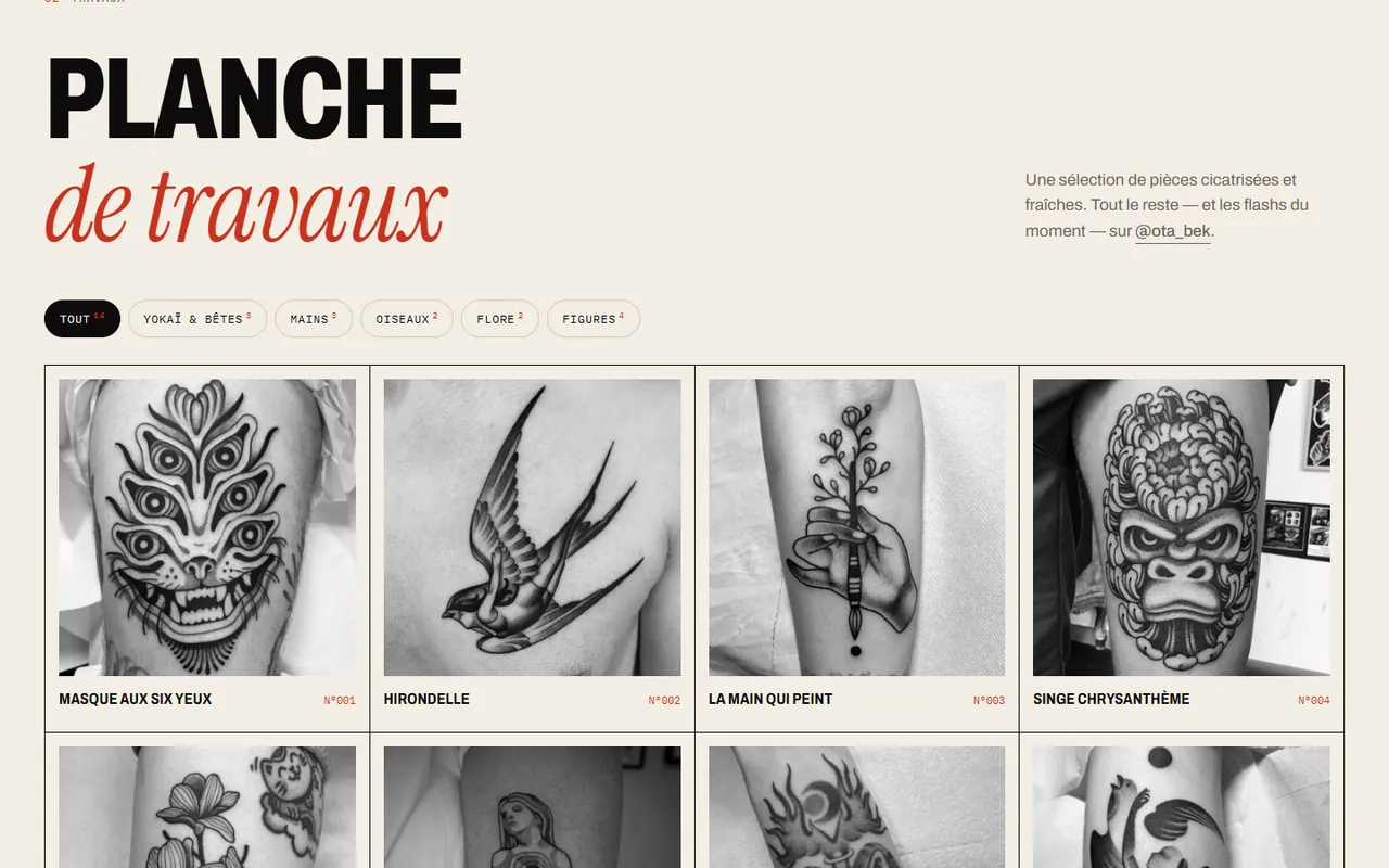 La planche de travaux du site Ota Tattoo, filtrable par style