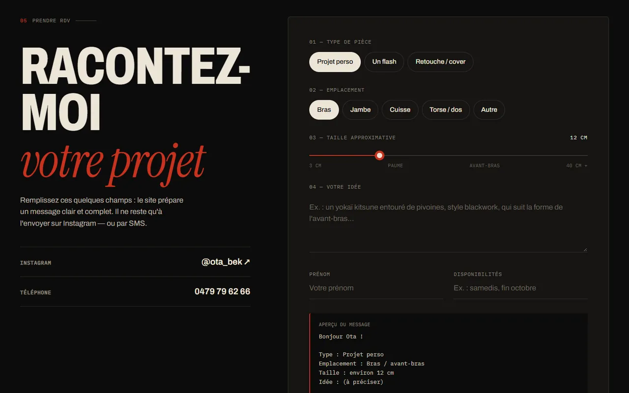 Le formulaire de demande de rendez-vous du site Ota Tattoo